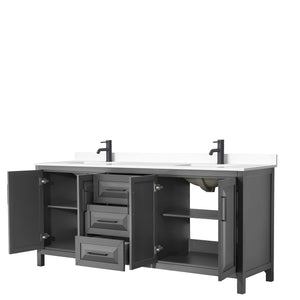 Daria 80 Inch Double Bathroom Vanity in Dark Gray White Cultured Marble Countertop Undermount Square Sinks Matte Black Trim