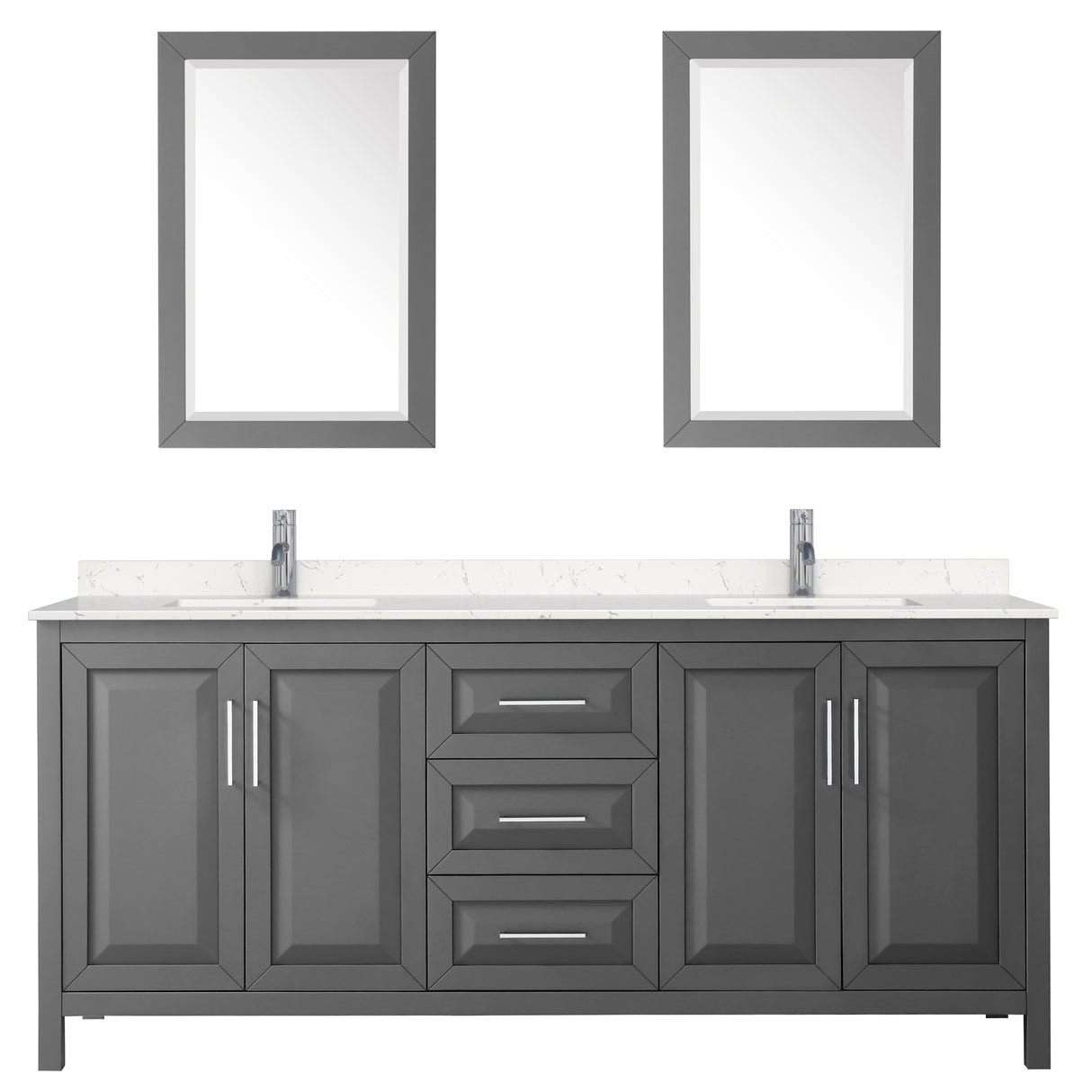 Daria 80 Inch Double Bathroom Vanity in Dark Gray Carrara Cultured Marble Countertop Undermount Square Sinks 24 Inch Mirrors