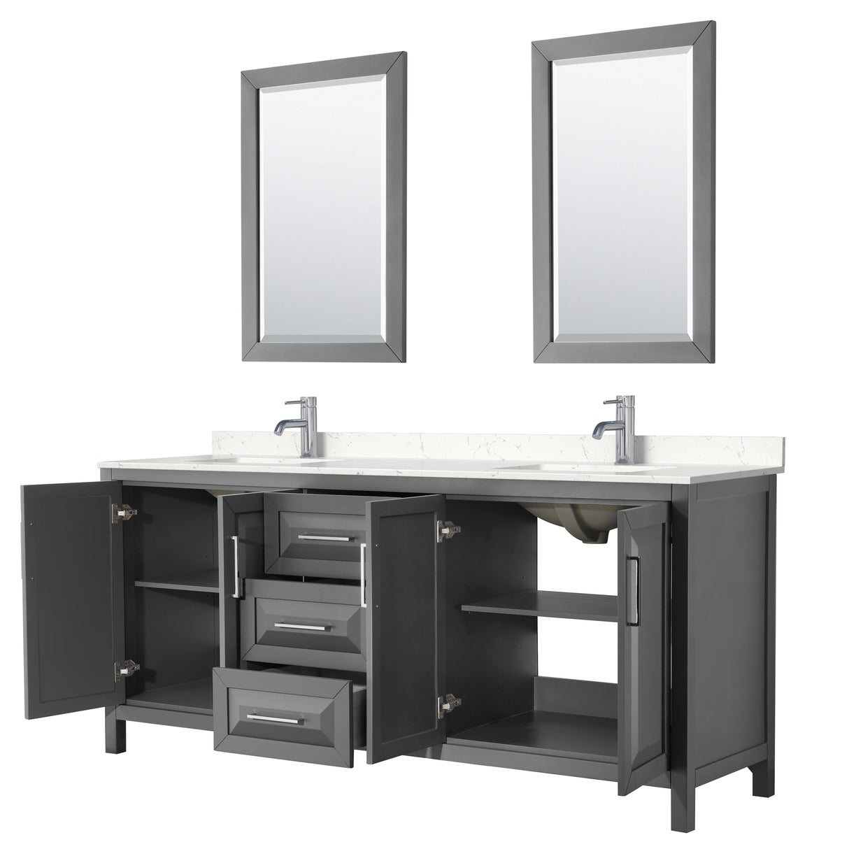 Daria 80 Inch Double Bathroom Vanity in Dark Gray Carrara Cultured Marble Countertop Undermount Square Sinks 24 Inch Mirrors