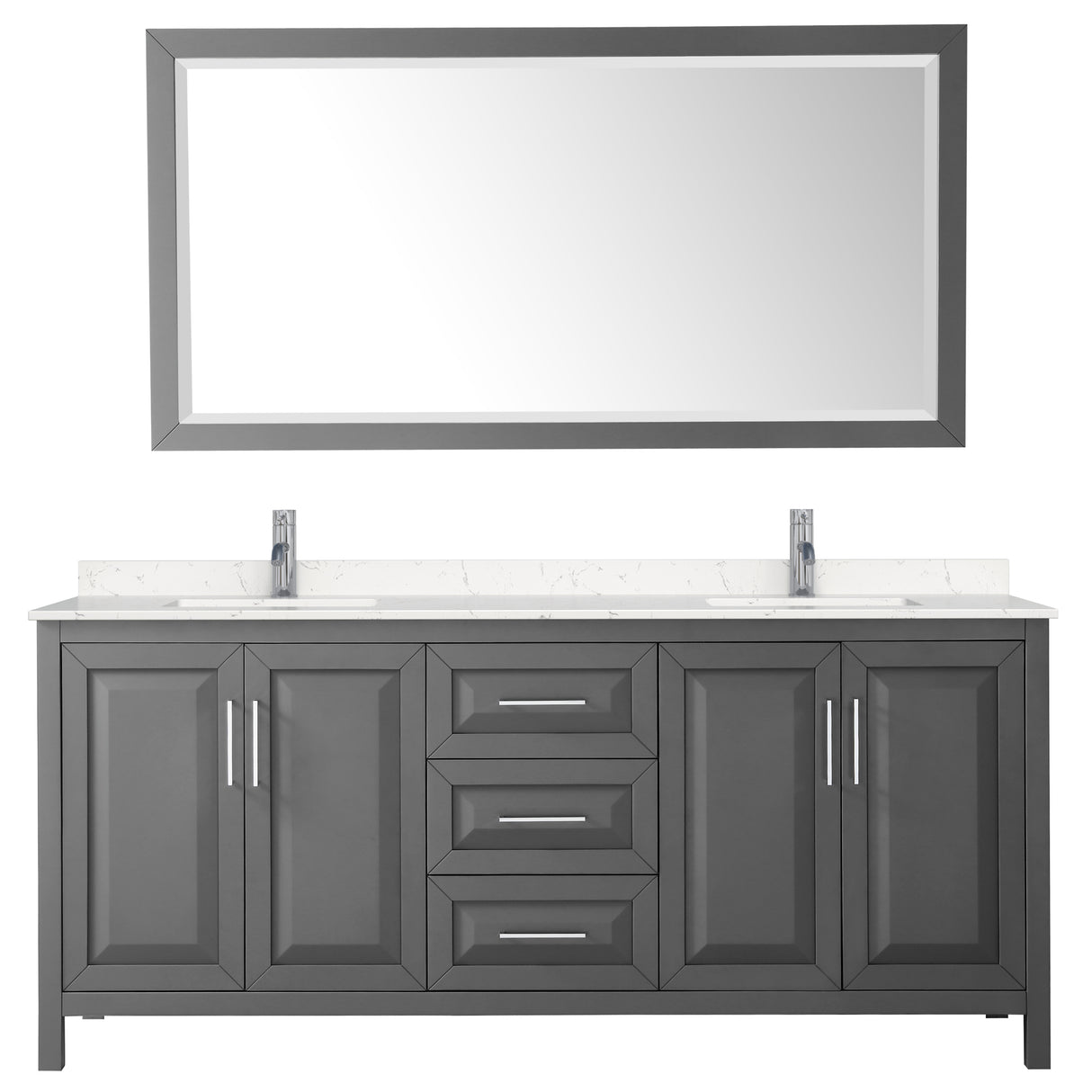 Daria 80 Inch Double Bathroom Vanity in Dark Gray Carrara Cultured Marble Countertop Undermount Square Sinks 70 Inch Mirror