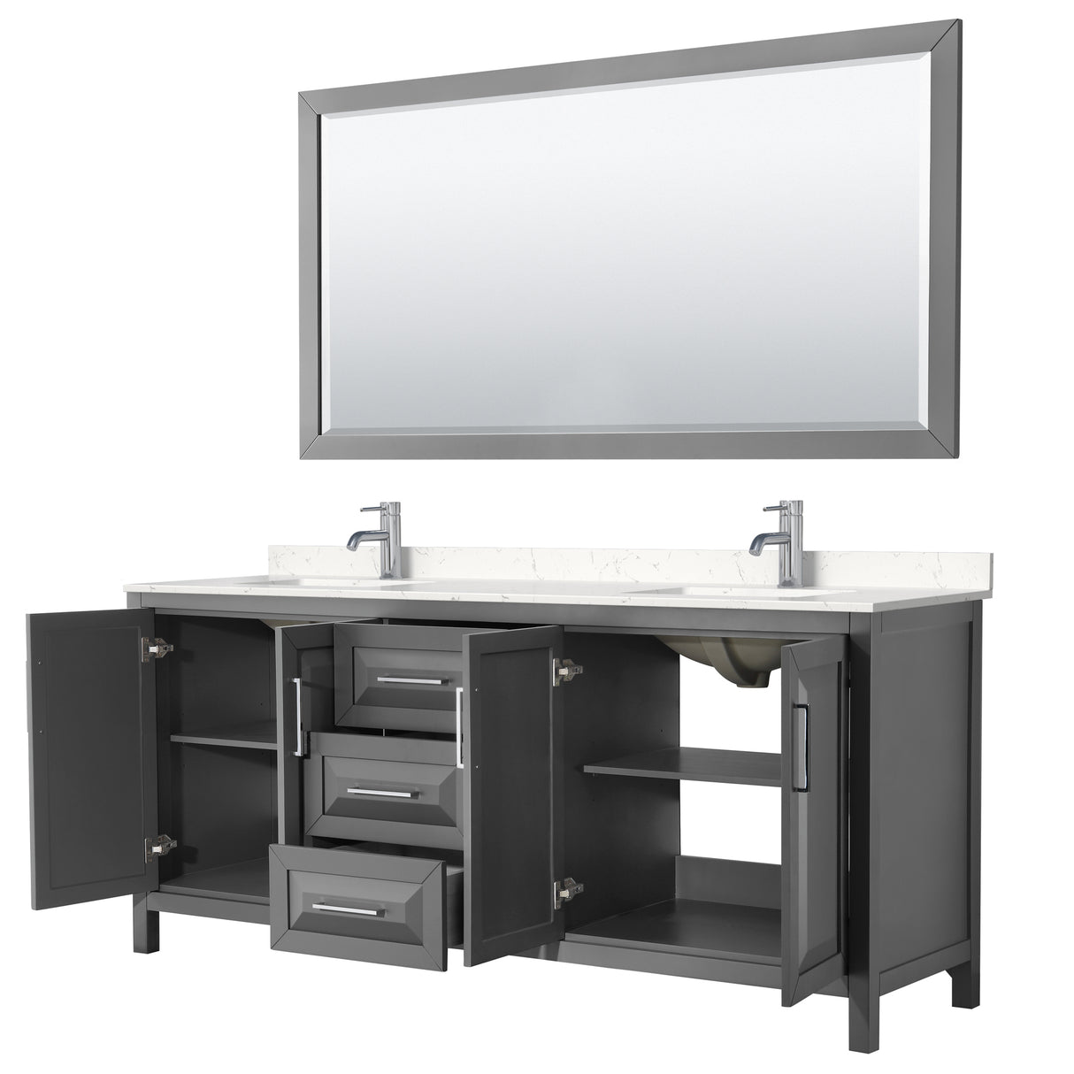 Daria 80 Inch Double Bathroom Vanity in Dark Gray Carrara Cultured Marble Countertop Undermount Square Sinks 70 Inch Mirror