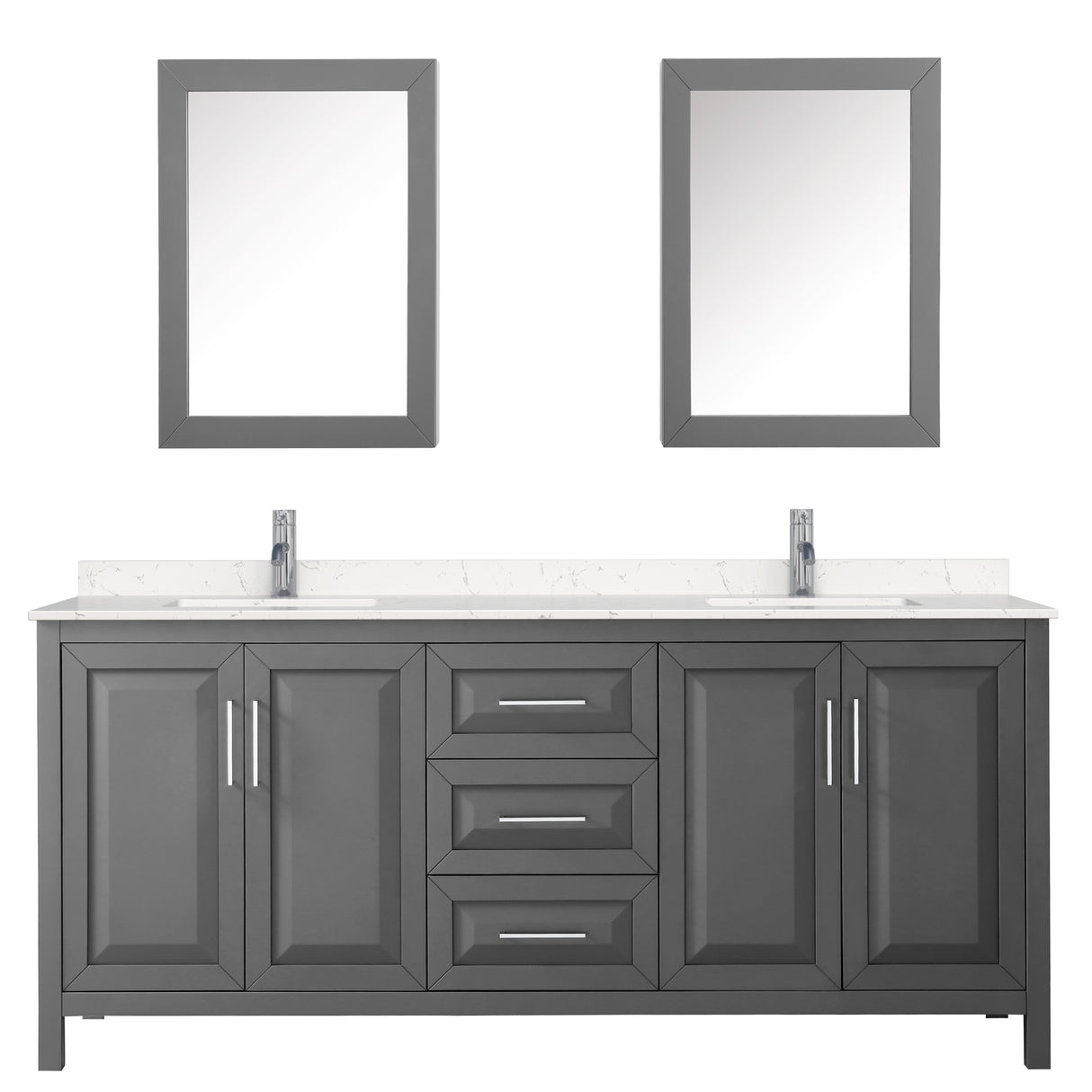 Daria 80 Inch Double Bathroom Vanity in Dark Gray Carrara Cultured Marble Countertop Undermount Square Sinks Medicine Cabinets
