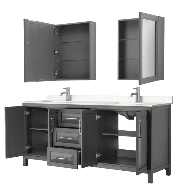 Daria 80 Inch Double Bathroom Vanity in Dark Gray Carrara Cultured Marble Countertop Undermount Square Sinks Medicine Cabinets