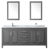 Daria 80 Inch Double Bathroom Vanity in Dark Gray White Carrara Marble Countertop Undermount Square Sinks and 24 Inch Mirrors