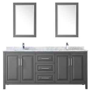 Daria 80 Inch Double Bathroom Vanity in Dark Gray White Carrara Marble Countertop Undermount Square Sinks and 24 Inch Mirrors