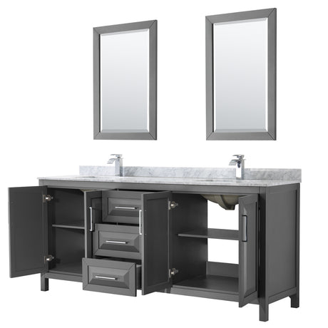Daria 80 Inch Double Bathroom Vanity in Dark Gray White Carrara Marble Countertop Undermount Square Sinks and 24 Inch Mirrors