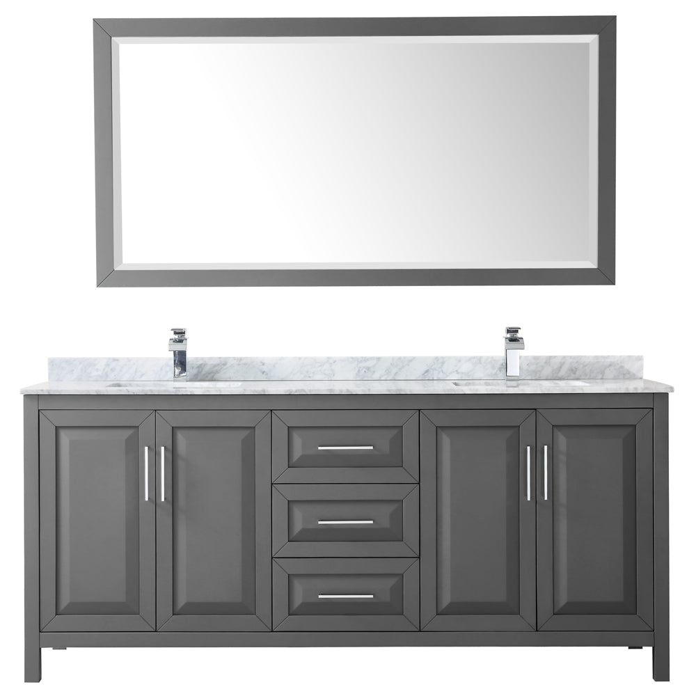 Daria 80 Inch Double Bathroom Vanity in Dark Gray White Carrara Marble Countertop Undermount Square Sinks and 70 Inch Mirror