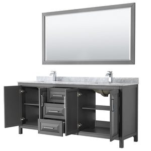 Daria 80 Inch Double Bathroom Vanity in Dark Gray White Carrara Marble Countertop Undermount Square Sinks and 70 Inch Mirror