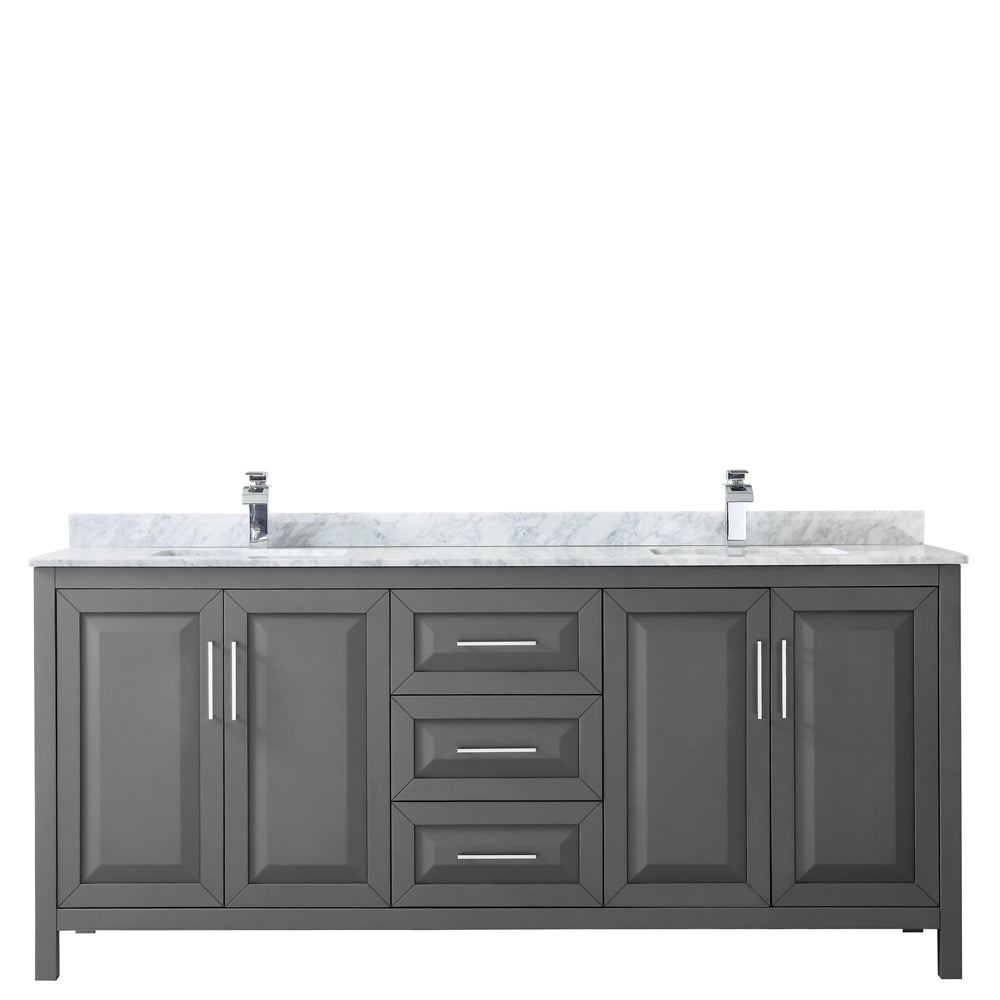 Daria 80 Inch Double Bathroom Vanity in Dark Gray White Carrara Marble Countertop Undermount Square Sinks and No Mirror