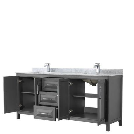 Daria 80 Inch Double Bathroom Vanity in Dark Gray White Carrara Marble Countertop Undermount Square Sinks and No Mirror