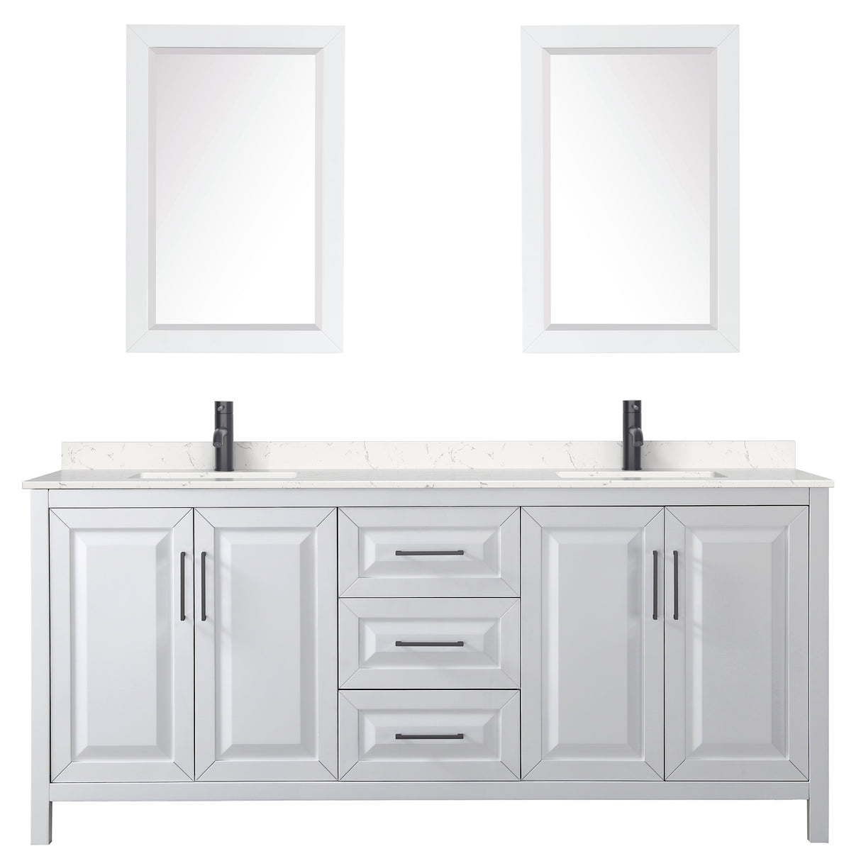 Daria 80 Inch Double Bathroom Vanity in White Carrara Cultured Marble Countertop Undermount Square Sinks Matte Black Trim 24 Inch Mirrors