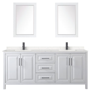 Daria 80 Inch Double Bathroom Vanity in White Carrara Cultured Marble Countertop Undermount Square Sinks Matte Black Trim 24 Inch Mirrors