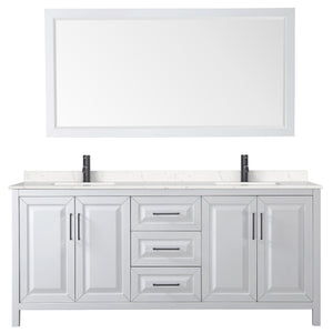 Daria 80 Inch Double Bathroom Vanity in White Carrara Cultured Marble Countertop Undermount Square Sinks Matte Black Trim 70 Inch Mirror