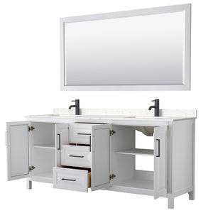 Daria 80 Inch Double Bathroom Vanity in White Carrara Cultured Marble Countertop Undermount Square Sinks Matte Black Trim 70 Inch Mirror