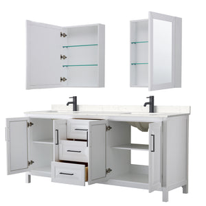 Daria 80 Inch Double Bathroom Vanity in White Carrara Cultured Marble Countertop Undermount Square Sinks Matte Black Trim Medicine Cabinets