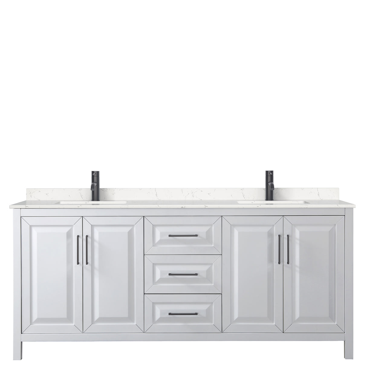 Daria 80 Inch Double Bathroom Vanity in White Carrara Cultured Marble Countertop Undermount Square Sinks Matte Black Trim