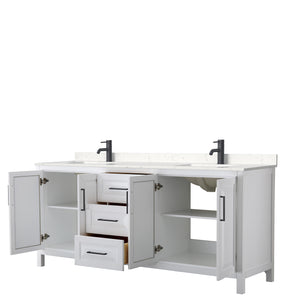 Daria 80 Inch Double Bathroom Vanity in White Carrara Cultured Marble Countertop Undermount Square Sinks Matte Black Trim