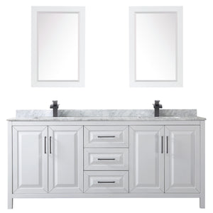 Daria 80 Inch Double Bathroom Vanity in White White Carrara Marble Countertop Undermount Square Sinks Matte Black Trim 24 Inch Mirrors