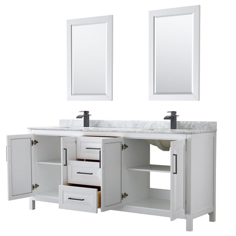 Daria 80 Inch Double Bathroom Vanity in White White Carrara Marble Countertop Undermount Square Sinks Matte Black Trim 24 Inch Mirrors