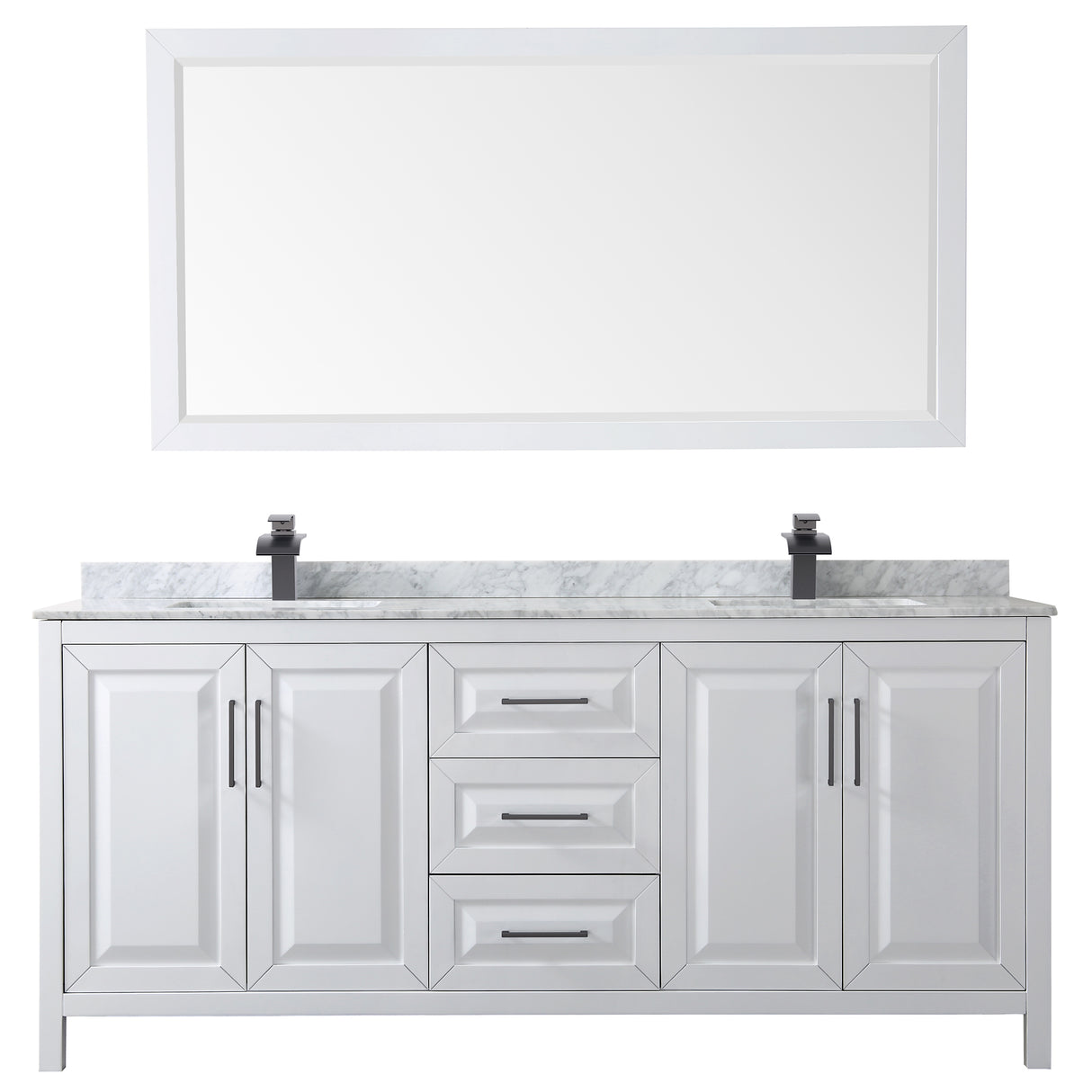 Daria 80 Inch Double Bathroom Vanity in White White Carrara Marble Countertop Undermount Square Sinks Matte Black Trim 70 Inch Mirror