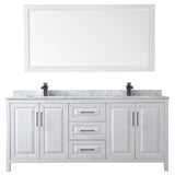 Daria 80 Inch Double Bathroom Vanity in White White Carrara Marble Countertop Undermount Square Sinks Matte Black Trim 70 Inch Mirror