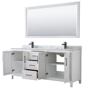 Daria 80 Inch Double Bathroom Vanity in White White Carrara Marble Countertop Undermount Square Sinks Matte Black Trim 70 Inch Mirror