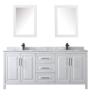 Daria 80 Inch Double Bathroom Vanity in White White Carrara Marble Countertop Undermount Square Sinks Matte Black Trim Medicine Cabinets