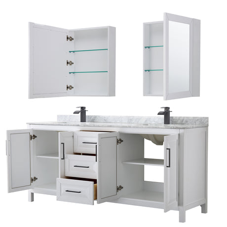 Daria 80 Inch Double Bathroom Vanity in White White Carrara Marble Countertop Undermount Square Sinks Matte Black Trim Medicine Cabinets