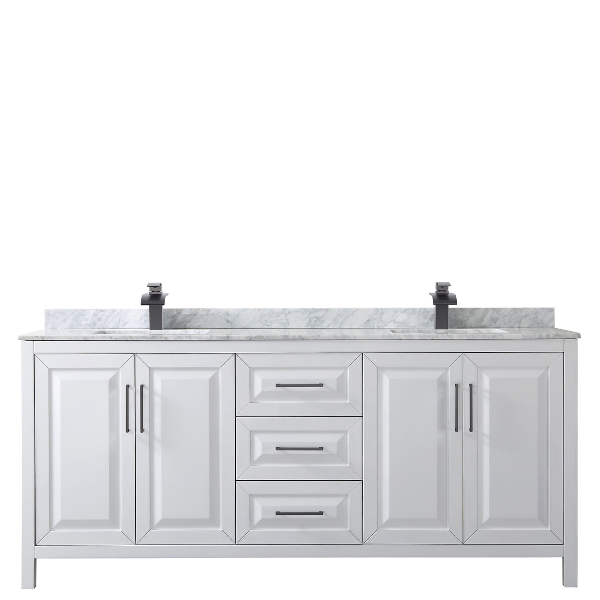 Daria 80 Inch Double Bathroom Vanity in White White Carrara Marble Countertop Undermount Square Sinks Matte Black Trim