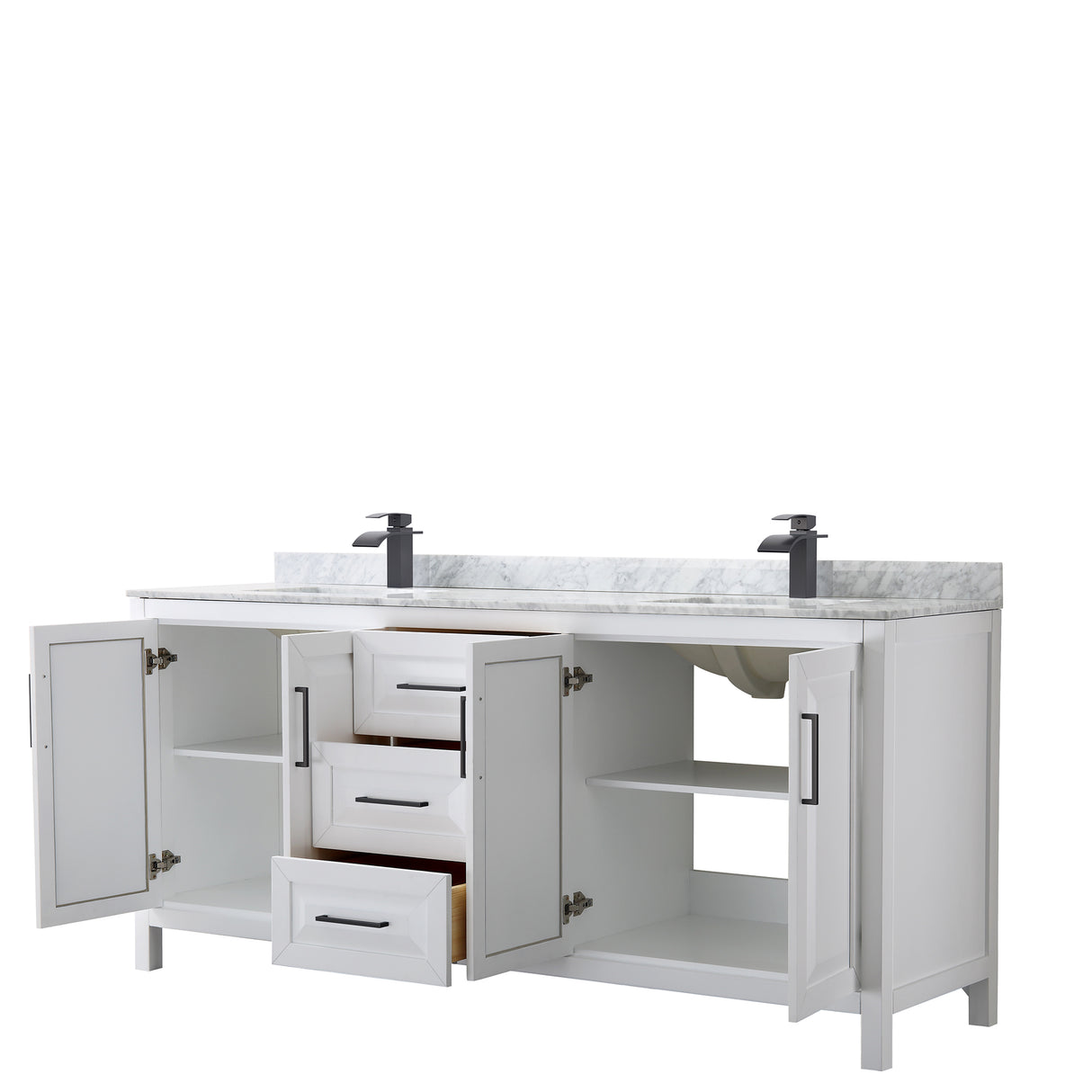 Daria 80 Inch Double Bathroom Vanity in White White Carrara Marble Countertop Undermount Square Sinks Matte Black Trim
