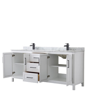 Daria 80 Inch Double Bathroom Vanity in White White Carrara Marble Countertop Undermount Square Sinks Matte Black Trim