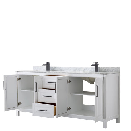 Daria 80 Inch Double Bathroom Vanity in White White Carrara Marble Countertop Undermount Square Sinks Matte Black Trim