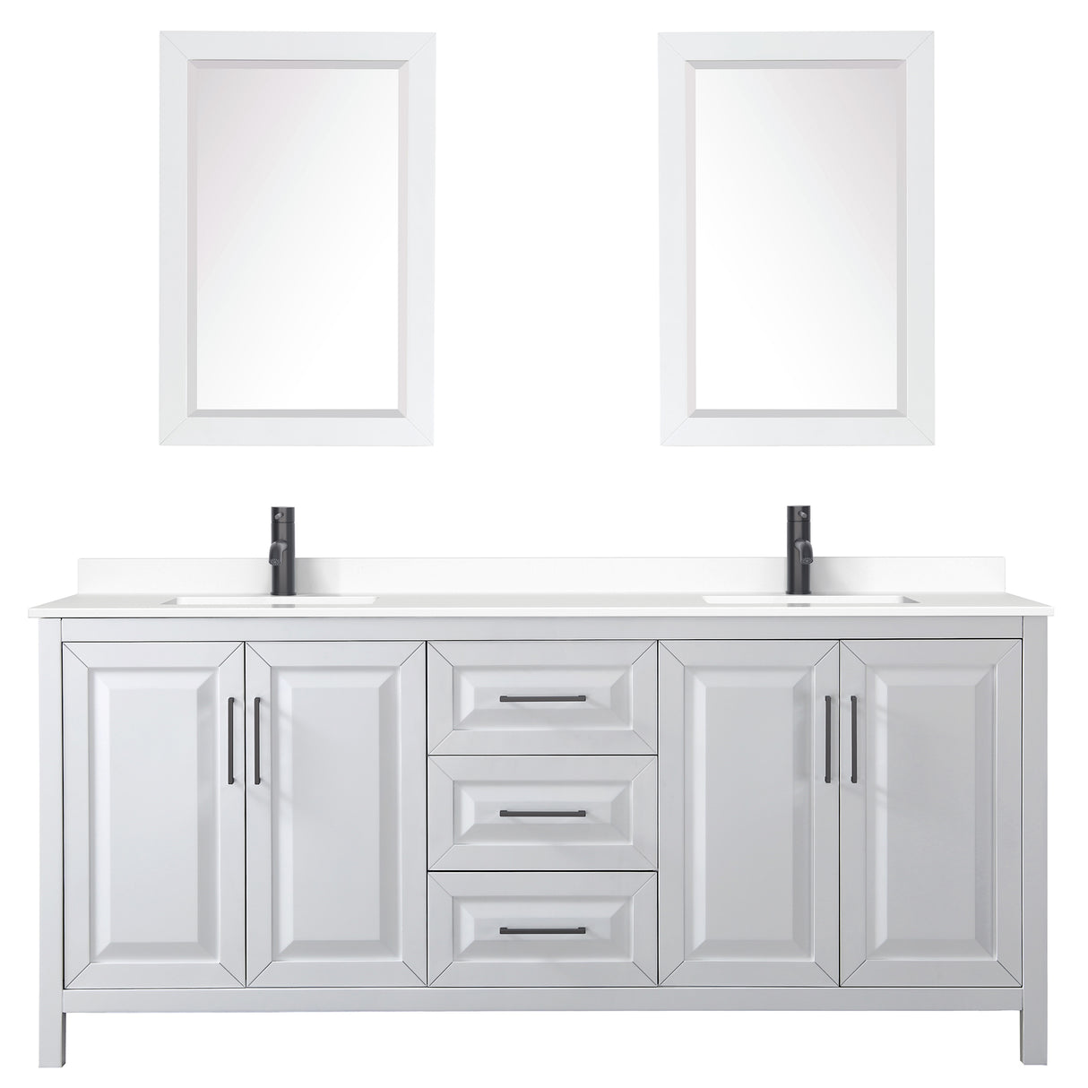 Daria 80 Inch Double Bathroom Vanity in White White Cultured Marble Countertop Undermount Square Sinks Matte Black Trim 24 Inch Mirrors