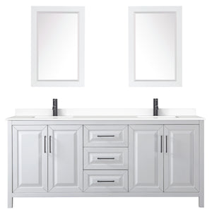 Daria 80 Inch Double Bathroom Vanity in White White Cultured Marble Countertop Undermount Square Sinks Matte Black Trim 24 Inch Mirrors