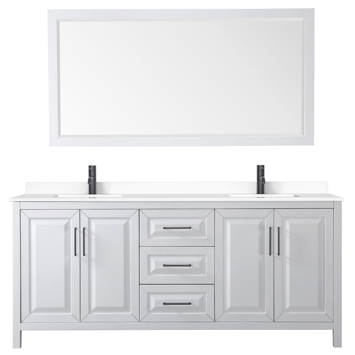 Daria 80 Inch Double Bathroom Vanity in White White Cultured Marble Countertop Undermount Square Sinks Matte Black Trim 70 Inch Mirror