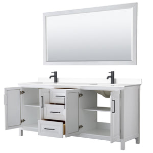 Daria 80 Inch Double Bathroom Vanity in White White Cultured Marble Countertop Undermount Square Sinks Matte Black Trim 70 Inch Mirror