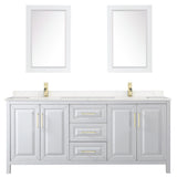 Daria 80 Inch Double Bathroom Vanity in White Carrara Cultured Marble Countertop Undermount Square Sinks 24 Inch Mirrors Brushed Gold Trim