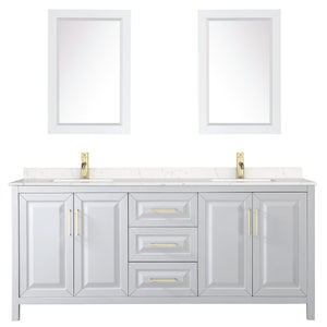 Daria 80 Inch Double Bathroom Vanity in White Carrara Cultured Marble Countertop Undermount Square Sinks 24 Inch Mirrors Brushed Gold Trim