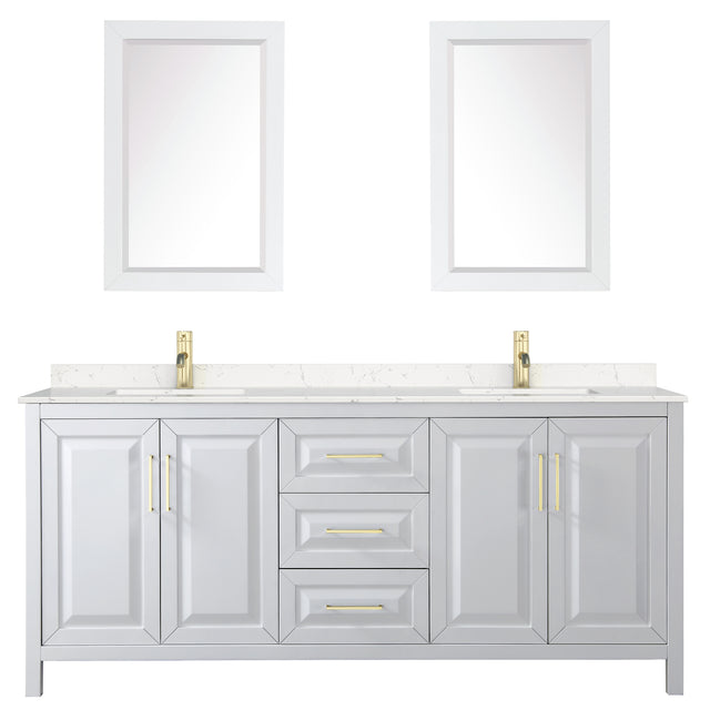 Daria 80 Inch Double Bathroom Vanity in White Carrara Cultured Marble Countertop Undermount Square Sinks 24 Inch Mirrors Brushed Gold Trim