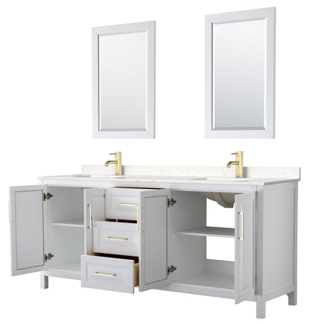 Daria 80 Inch Double Bathroom Vanity in White Carrara Cultured Marble Countertop Undermount Square Sinks 24 Inch Mirrors Brushed Gold Trim