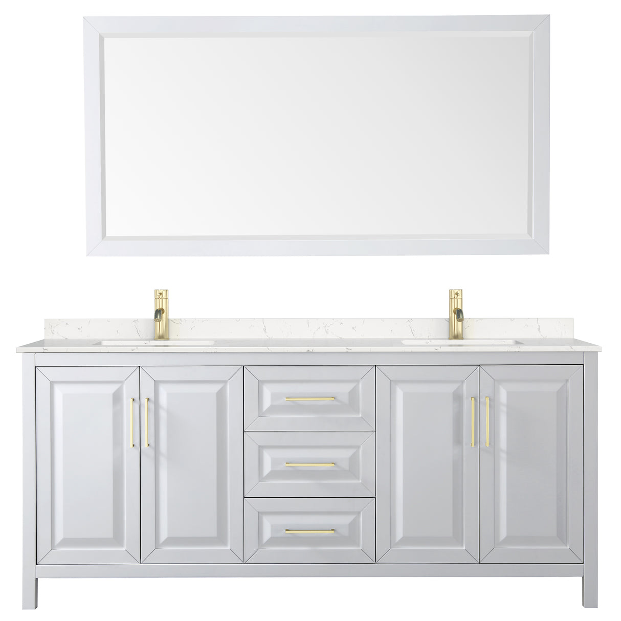 Daria 80 Inch Double Bathroom Vanity in White Carrara Cultured Marble Countertop Undermount Square Sinks 70 Inch Mirror Brushed Gold Trim