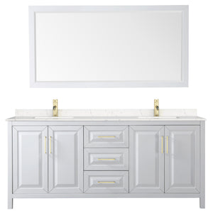 Daria 80 Inch Double Bathroom Vanity in White Carrara Cultured Marble Countertop Undermount Square Sinks 70 Inch Mirror Brushed Gold Trim