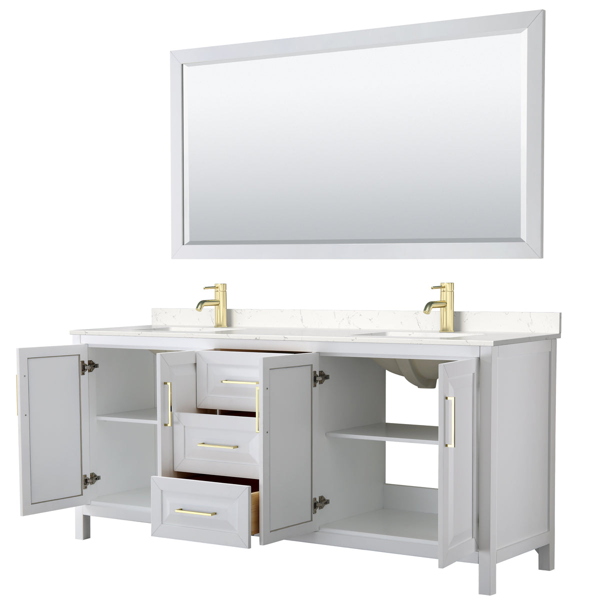 Daria 80 Inch Double Bathroom Vanity in White Carrara Cultured Marble Countertop Undermount Square Sinks 70 Inch Mirror Brushed Gold Trim