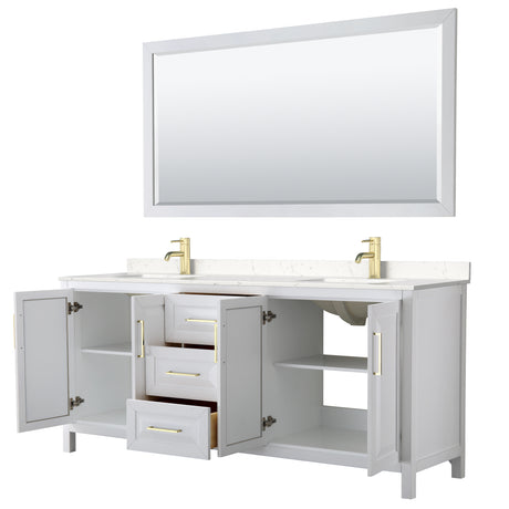 Daria 80 Inch Double Bathroom Vanity in White Carrara Cultured Marble Countertop Undermount Square Sinks 70 Inch Mirror Brushed Gold Trim