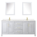 Daria 80 Inch Double Bathroom Vanity in White Carrara Cultured Marble Countertop Undermount Square Sinks Medicine Cabinets Brushed Gold Trim