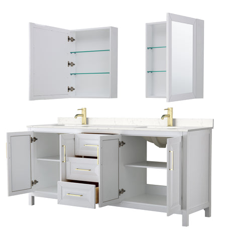 Daria 80 Inch Double Bathroom Vanity in White Carrara Cultured Marble Countertop Undermount Square Sinks Medicine Cabinets Brushed Gold Trim