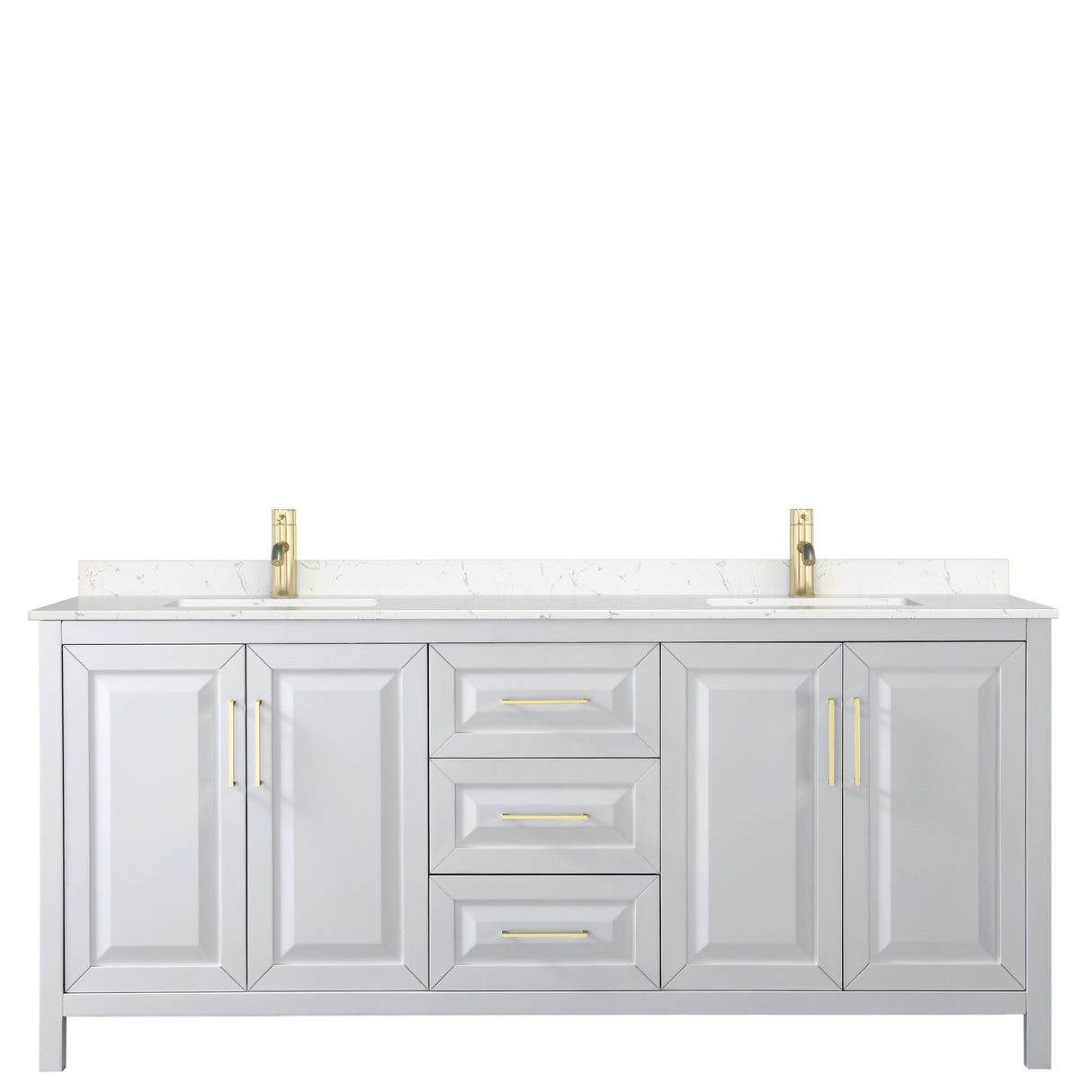 Daria 80 Inch Double Bathroom Vanity in White Carrara Cultured Marble Countertop Undermount Square Sinks Brushed Gold Trim