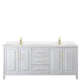 Daria 80 Inch Double Bathroom Vanity in White Carrara Cultured Marble Countertop Undermount Square Sinks Brushed Gold Trim