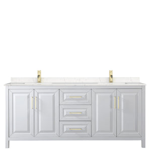 Daria 80 Inch Double Bathroom Vanity in White Carrara Cultured Marble Countertop Undermount Square Sinks Brushed Gold Trim