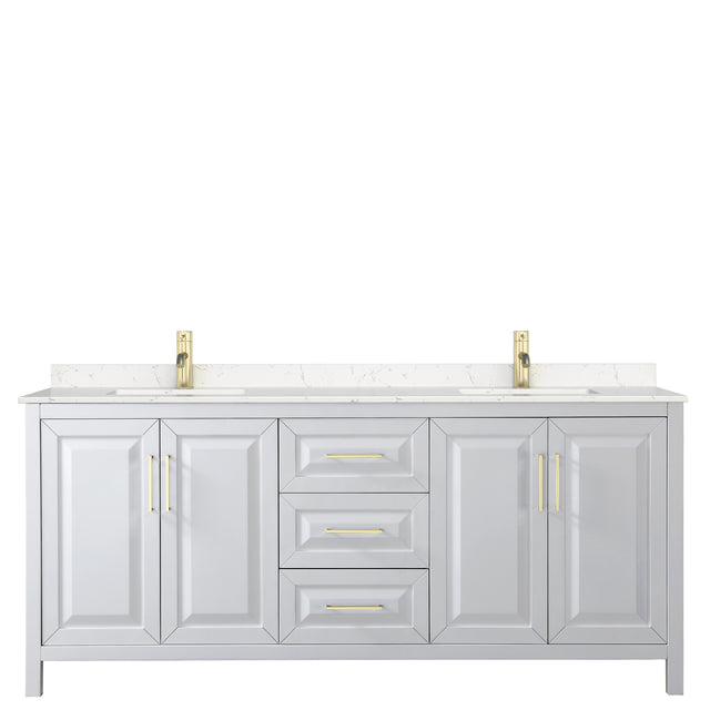 Daria 80 Inch Double Bathroom Vanity in White Carrara Cultured Marble Countertop Undermount Square Sinks Brushed Gold Trim